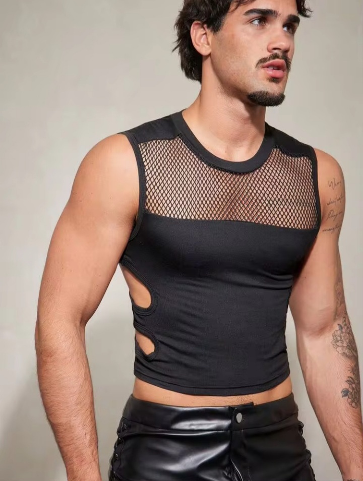 Men's Black Mesh Cut-Out Sleeveless Crop Tank Top – Slim Fit Fashion Party Vest
